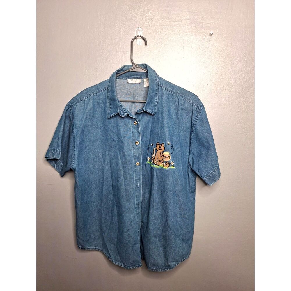 Vintage Embroidered Teddy Bear PaddedDenim Shirt Short Sleeve Cottagecore Top XL